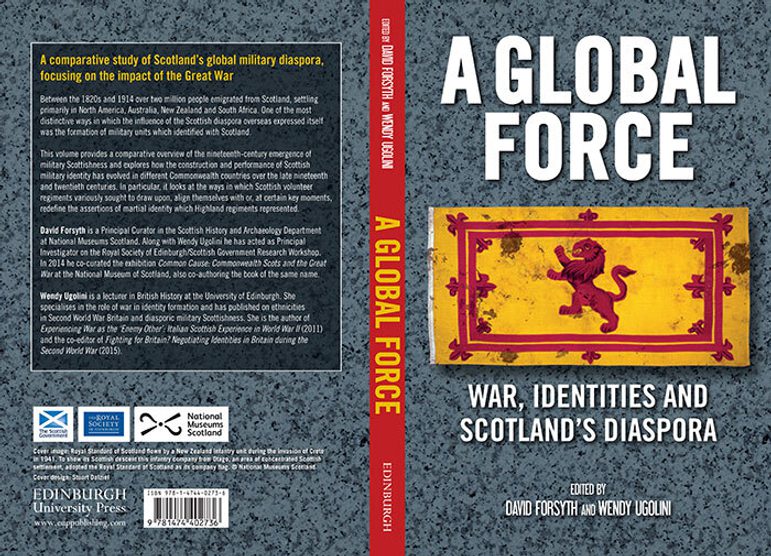 A spread out book cover showing the front and back. A royal banner of Scotland showing a red lion framed in a double border with fleur-de-lis motifs.