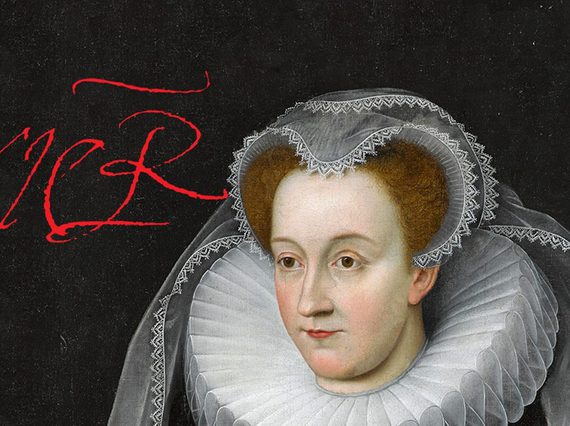 A detail of a woman wearing a white ruffled collar and a white lace headpiece and veil.